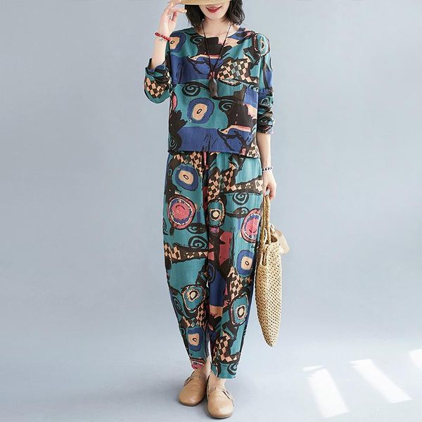 

women's two piece pants 2021 print floral vintage women clothes set cotton linen loose t shirt autumn spring sets fashion suits, White