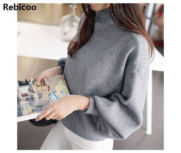 

women's sweaters spring autumn korean high collar women sweater loose bat lantern sleeve solid color pullover, White;black