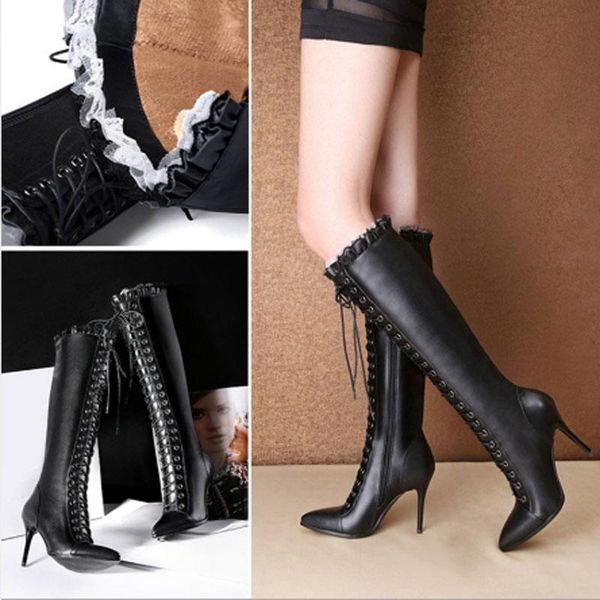 

boots women's snow 's motorcycle lace high, Black