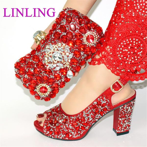 

dress shoes 2021 the red color women matching and bag set office lady mature style for party with shinng crystal, Black