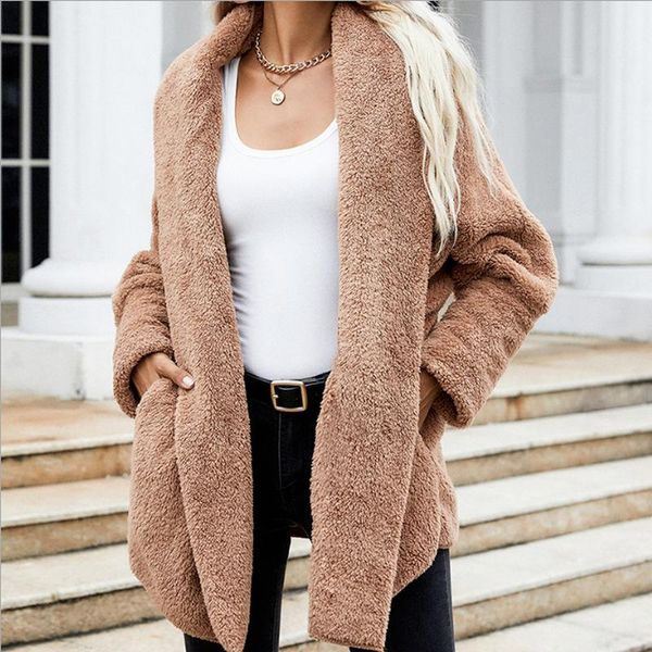

women's jackets casual long thicken warm autumn and winter jacket streetwear 2021 teddy cashmere fleece sleeve cardigan, Black;brown
