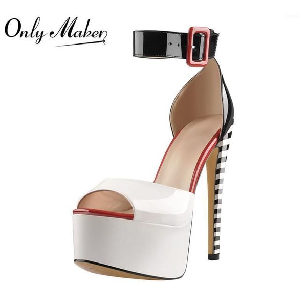 

sandals onlymaker women's platform peep toe thin heels ankle strap black white stripes party dress summer lady shoes big size1