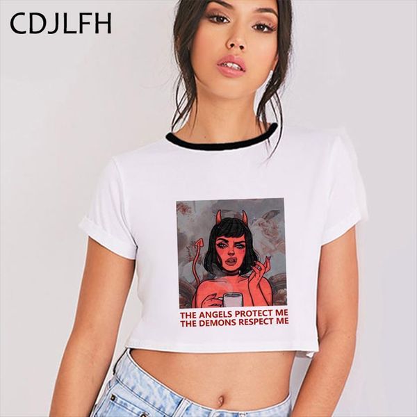 

summer angel and demon print women fashion harajuku tank white clothes tees short sleeve femme t shirt