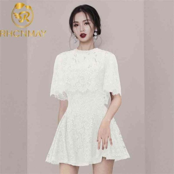 

runway summer women o neck short + sling lace a-line slim mini dress 2 piece set elegant party fashion vestidos 210520, White