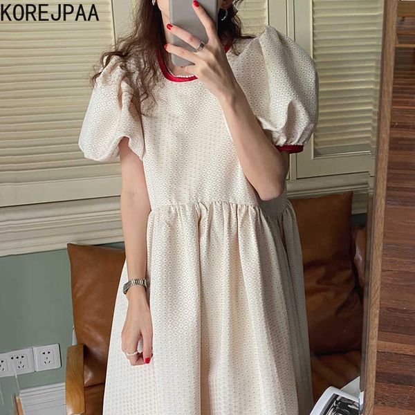 

korejpaa women dress summer korean fashion o neck contrast color back lace up bowknot wave point bubble sleeve vestido 210526, Black;gray