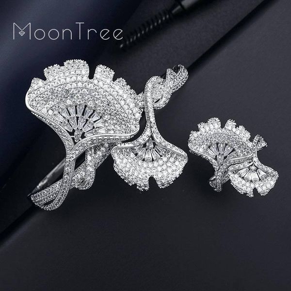 

earrings & necklace moontree women wedding bridal bangle ring dubai dress jewelry set lxury ginkgo leaf full micro cubic zirconia, Silver