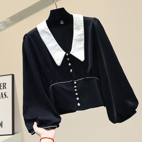 

vintage short doll collar lantern sleeve shirt female loose blouse women autumn winter shirts black office lady blusas women's blouses, White