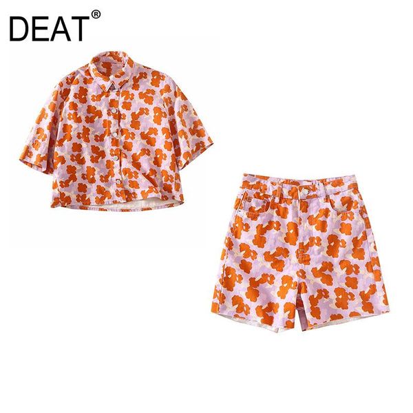 

women's tracksuits [deat] summer 2021 fashion tide turn-down collar short sleeve printing shirt high waist shorts women two-piece suit, Gray