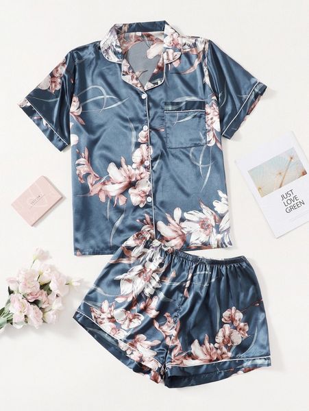 

plus satin floral print button front night set v4lb#, Black;white
