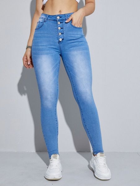 

button detail skinny jeans k7bb#, Blue