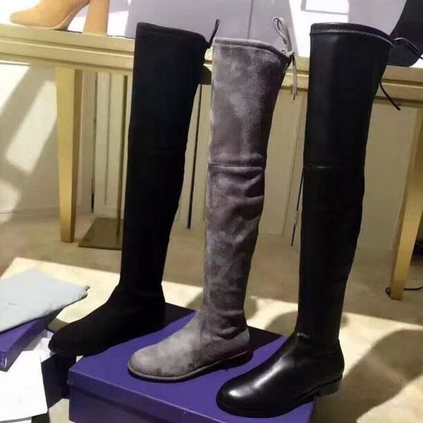 

boot lowland winter on the knee toe round black grey suede leather flat thight boots high woman
