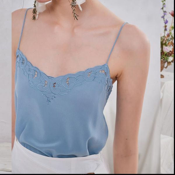 

100% silk autumn summer three womens tank color embroidery sling top, White
