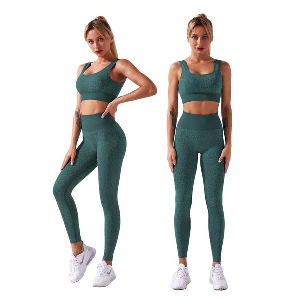 

seamless women gym set leopard printed 2pcs yoga suit sports bra with high waist tight long pants fitness sport workout suits running sets, Black;blue