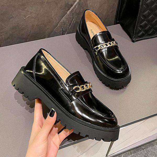 

dress shoes 2021 genuine leather metal chain women loafers black platform spring pumps fashion designer chunky heels ladies party