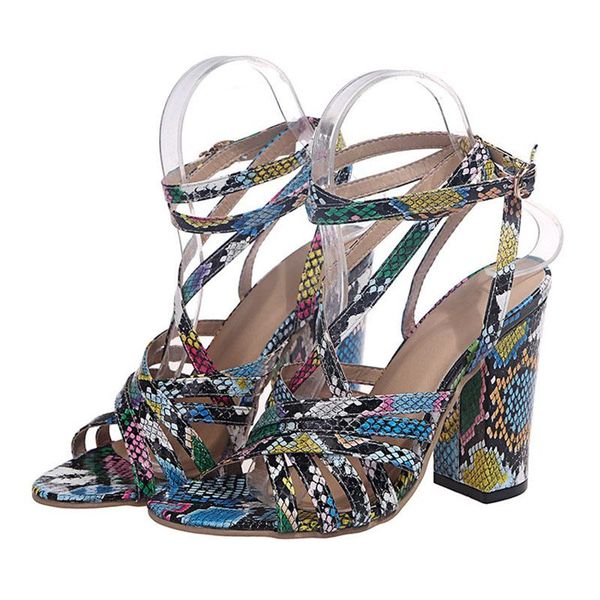 

dress shoes 2021 summer color snakeskin open toe thick heels gladiator for women sandals fashion streetwear ankle buckle strap ladies, Black