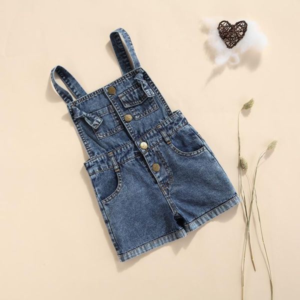 

jumpsuits focusnorm summer lovely kids girls overalls blue denim square collar pocket button rompers 1-6y