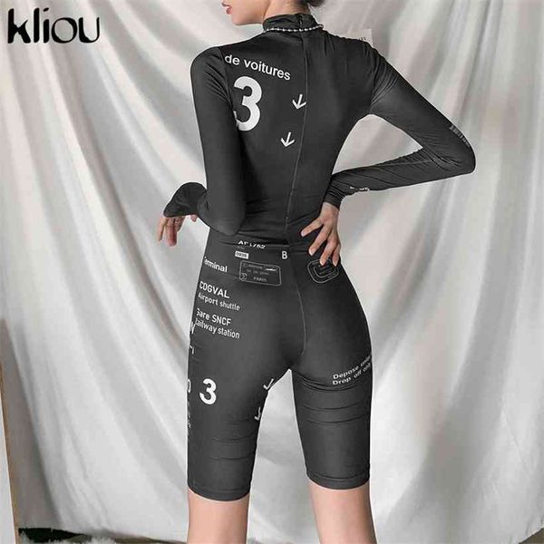 

kliou character print zipper women rompers 2021 autumn turtleneck long sleeve stretchy jumpsuits sportswear female slim outfits, Black;white