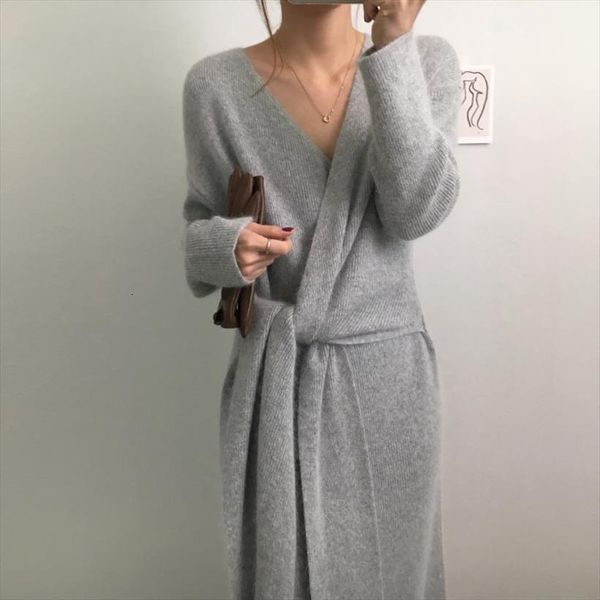 

korean belted cashmere sweater dress womens camis office v neck knitted winter warm thick party plus size loose v953, White