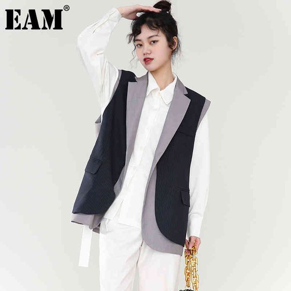 

[eam] women loose fit gray striped contast color big size vest lapel sleeveless fashion spring autumn 1dd41920 210512, Black;white
