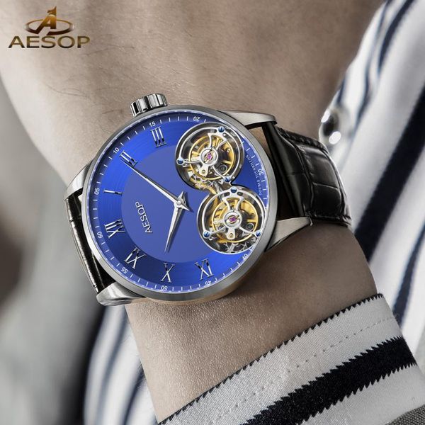 

wristwatches aesop skeleton double tourbillon watches mens 2021 mechanical men sapphire watch for horloge luxury clock, Slivery;brown