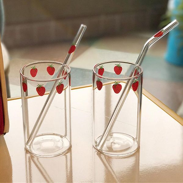 

wine glasses ins strawberry glass cup nordic style breakfast milk juice heat resistant transparent water straw for home office