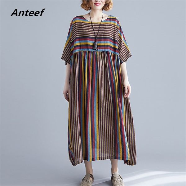 

cotton plus size vintage stripe women casual loose long summer dress elegant clothes ladies dresses sundress 210517, Black;gray