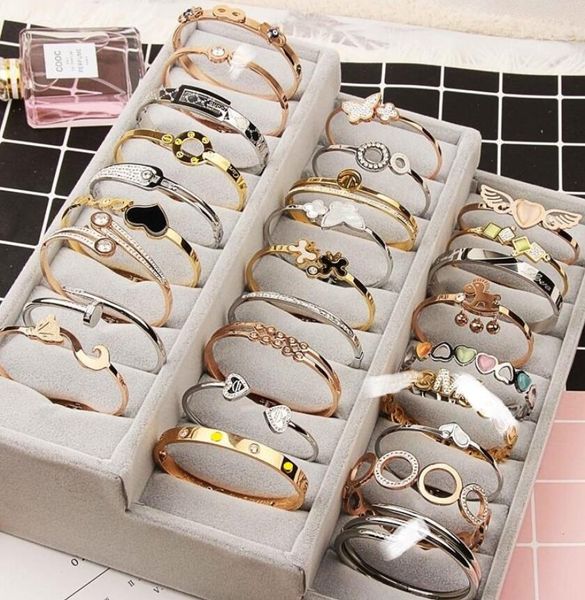 

open cuff titanium steel bangle rose gold silver mix different styles crystal rhinestone jewelry korean fashion charm bangle wjl4265, White