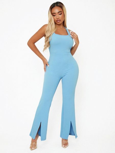 

sxy solid split hem tank jumpsuit 80op#, White