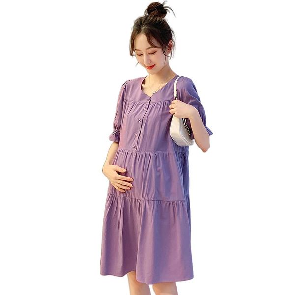 

maternity dresses 2021 summer pregnant woman chiffon puff sleeve high waist a-line dress plus size button pregnancy, White