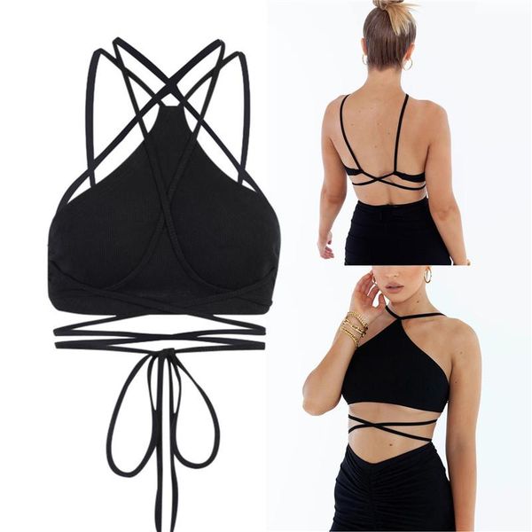 

women close-fitting camisole crop summer solid color off-the-shoulder sleeveless tank hollow out bandage camis women's tanks &, White