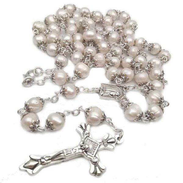 

pendant necklaces religious natural freshwater pearl rosary curved needle cross necklace catholic and can be given as gift pray, Silver