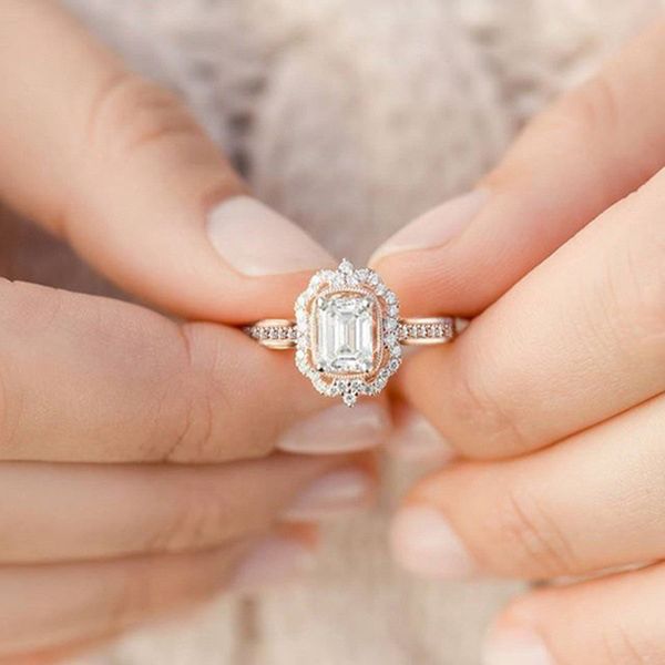 

european and american fashion high-end zhenrong new rose gold plated zircon square diamond princess ring european and american fashion engag, Silver