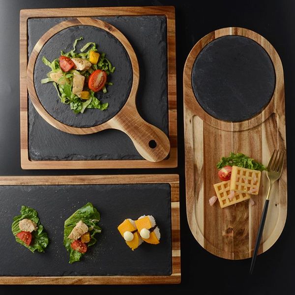 

dishes & plates american solid wood pizza tray, wooden black slate plate, acacia bread board, western , japanese cuisine, set pla