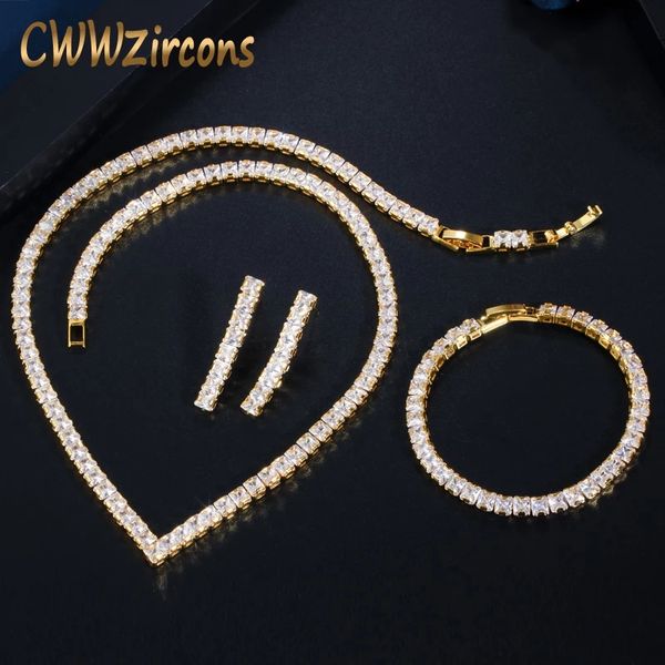 

cwwzircons glitering yellow gold color princess cut cubic zirconia necklace earring bracelet women party dress jewelry sets t414, Golden;silver