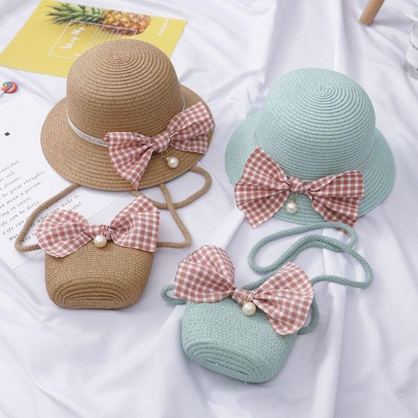 

caps & hats 1set kids girls sun protection beach hat summer bucket straw cap bowknot handbag c5, Yellow