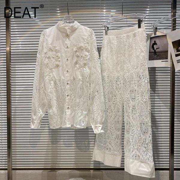 

spring summer fashion casual hollow out lace hook flower shirt coat + wide leg pants two piece set women sj960 210525, White