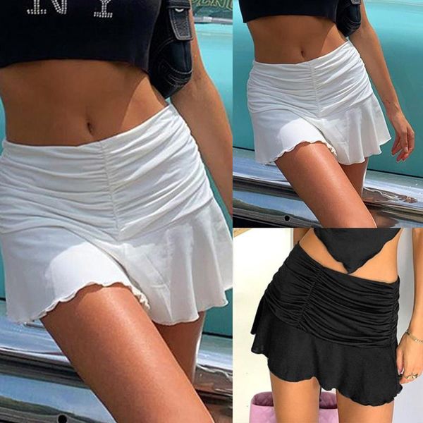 

skirts beautyy shawtyy low rise waist ruffled skirt micro mini club wear sheer see through women ice silk a-line pleated, Black