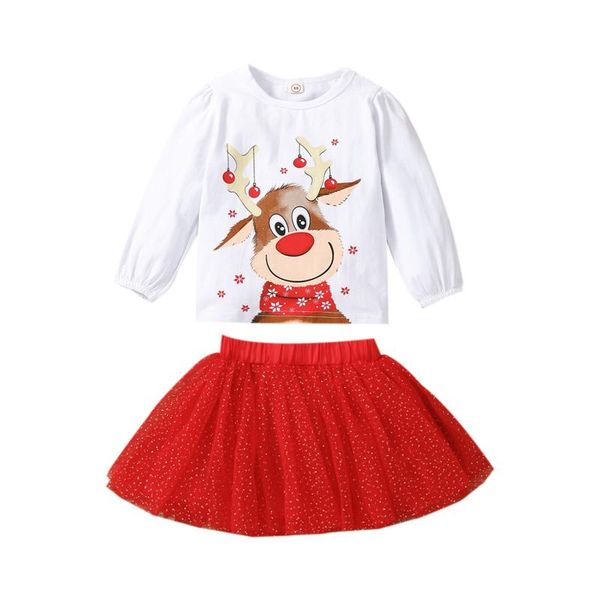 

clothing sets 2021 girls christmas clothes set xmas elk print long sleeve o-neck +dot short tulle skirts sweet skirt for autumn, White