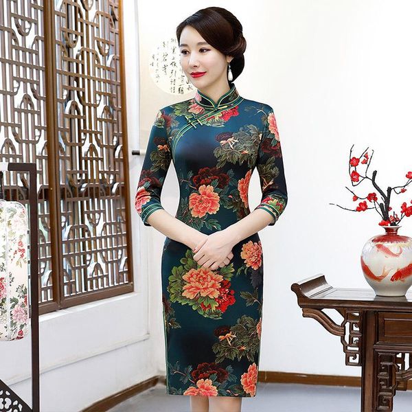 

ethnic clothing short blue women cheongsams satin mandarin collar 3/4 sleeve qipao floral oversize chinese dresses vintage evening vest, Red
