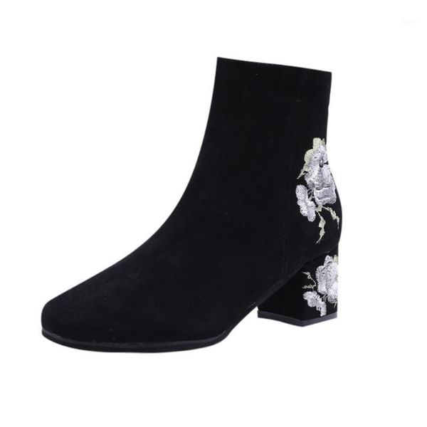 

boots drop women embroider high ankle shoes black flock round toe zipper red white flower ladies short boot1