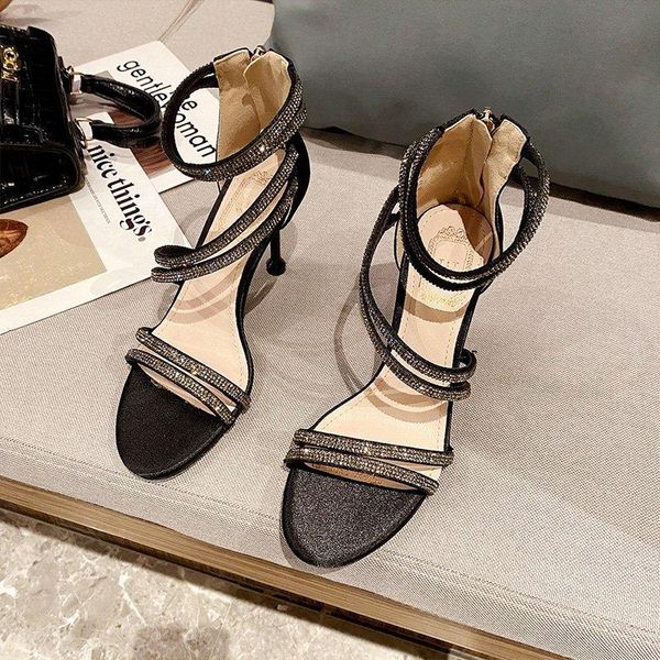 

aneikeh gold bling crystal women sandals open toe rhinestone straps cross high heel wedding dress shoes size 35-40, Black