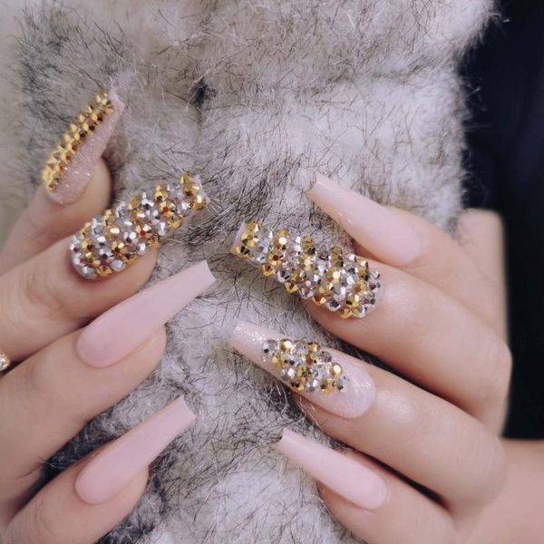

false nails 24pcs 2021 latest luxury jewelry ballet coffin fake crystal diamond nude, Red;gold