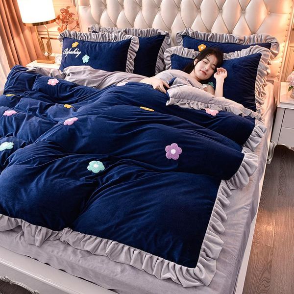 

sheets & sets royal blue gray coral fleece soft and comfortable four-piece duvet cover sheet