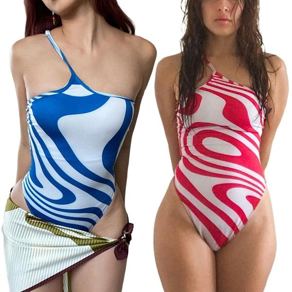 

women's swimwear 2021 est arrival women summer bodysuits stripe one-shoulder sleeveless backless strappy tight playsuit for girls red/b, White;black