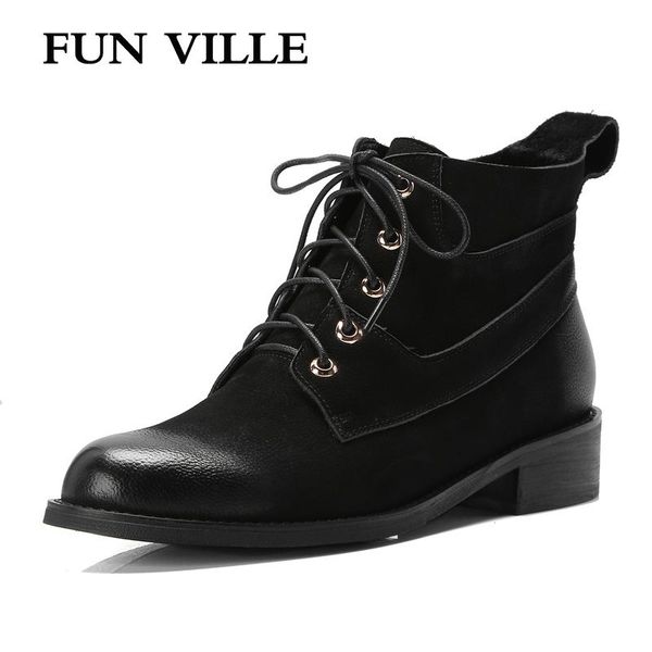 

boots fun ville fashion women ankle genuine leather autumn winter warm for woman round toe size 34-40, Black