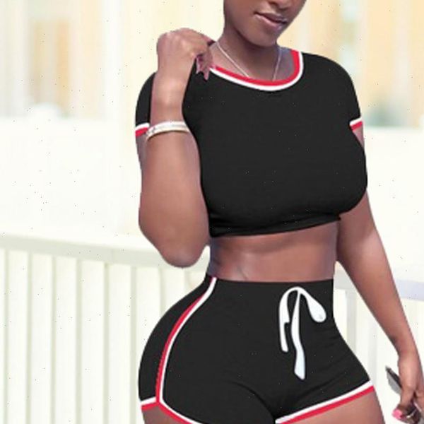 

short two piece set women tracksuits crop and biker shorts cotton blend suit bodycon matching summer clothes for, Gray