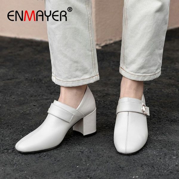 

dress shoes enmayer 2021 office career high heels round toe genuine leather slip-on lady women metal decoration wedding, Black