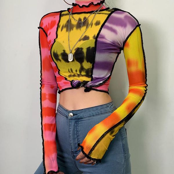 

women's t-shirt 2021 summer fashion print stitching high neck long sleeve, White