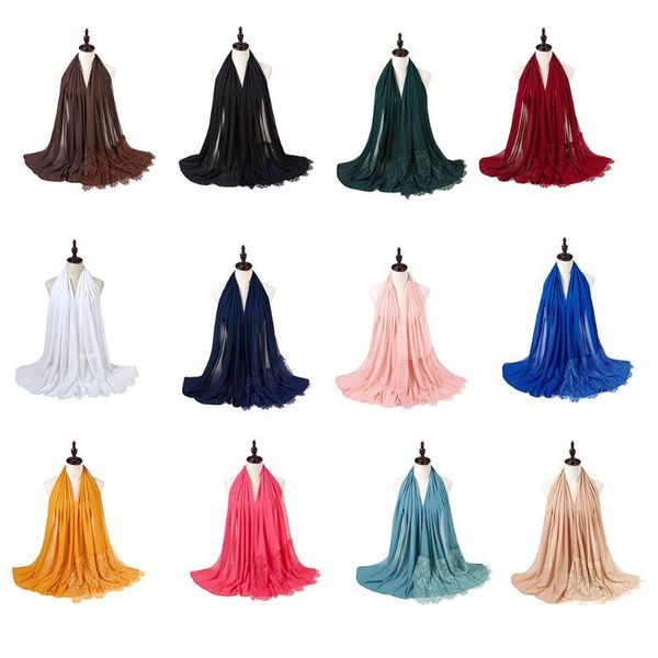 

scarves women chiffon muslim hijab wrap eyelash floral lace patchwork islamic head covering scarf shawl solid color long blanket, Blue;gray