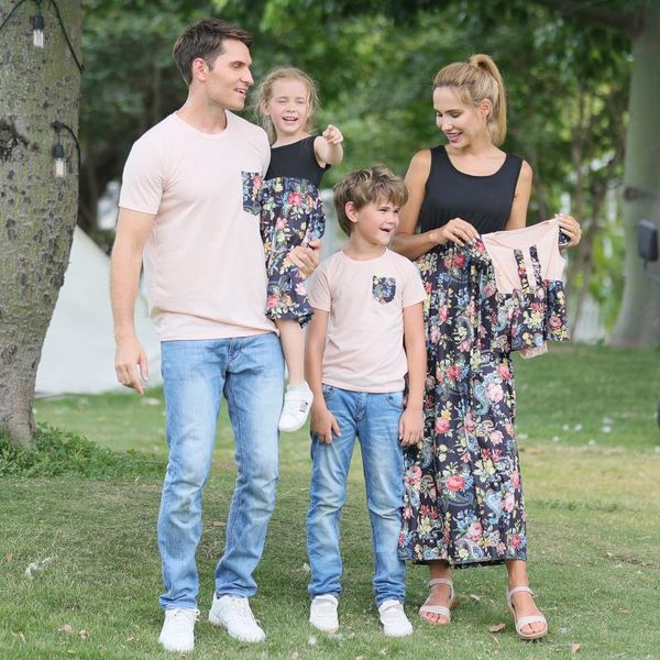 

family matching outfits clothes navy floral printed father son t-shirts mommy and me dress mom daughter same look, Blue